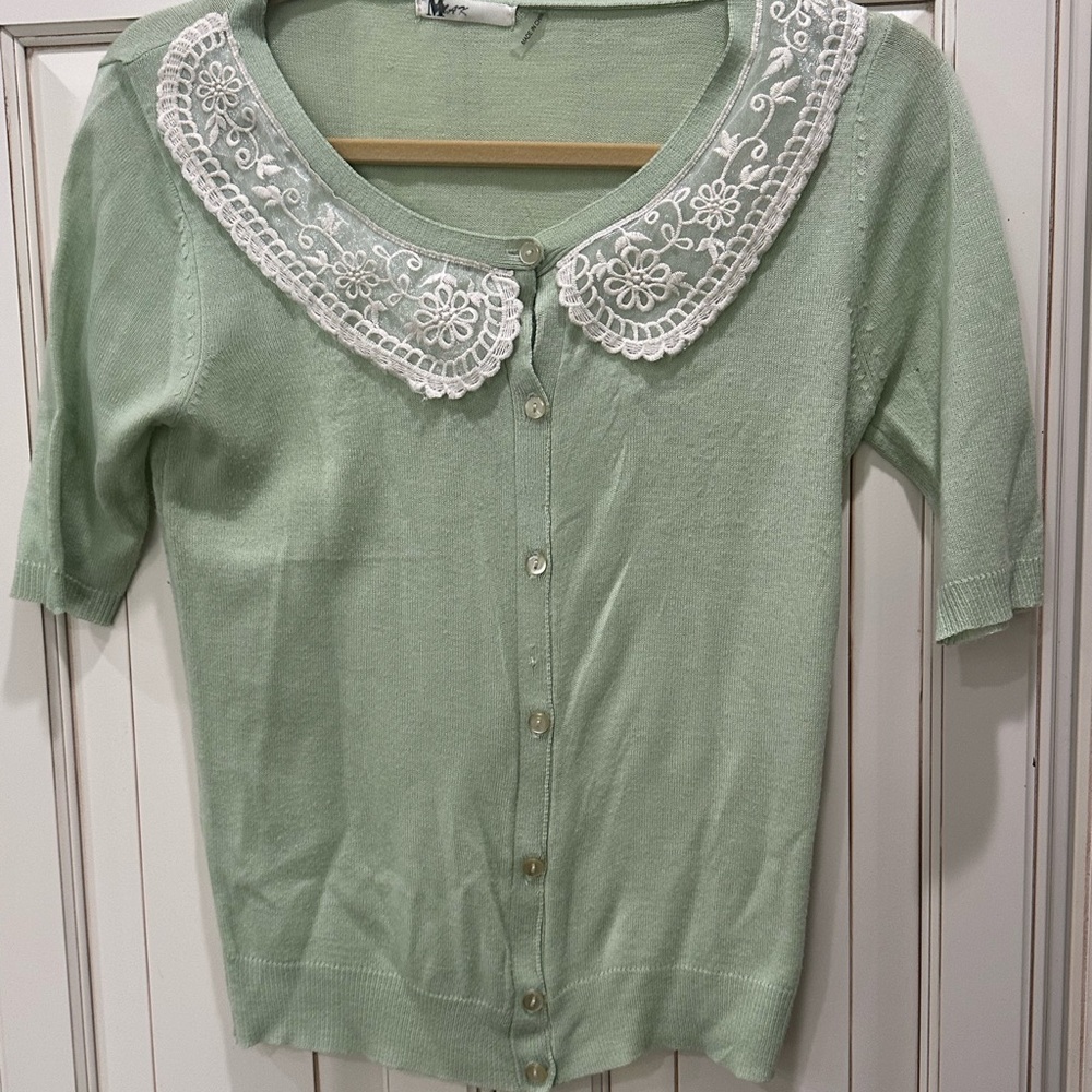 Mak Mint Green Cardigan with Lace Collar